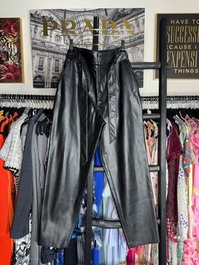 Zara Faux Leather Paperbag Pants Black High Rise Belted Wide Leg Women Medium